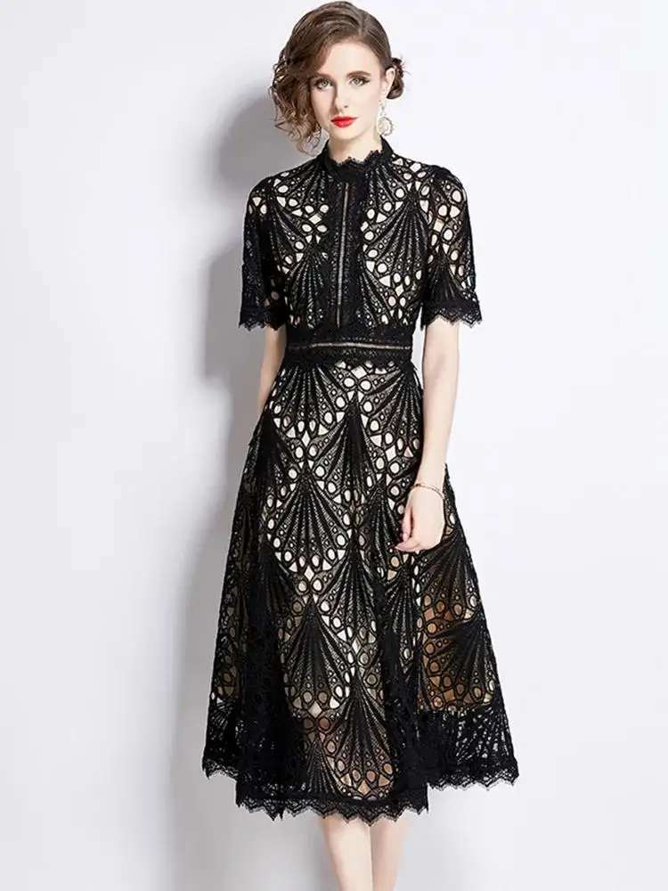 Elegant Water Soluble Lace Flower Embroidery Hollow Out Midi Dress Women's Stand Short Sleeve Solid Color Casual Office Vestido - Image 5