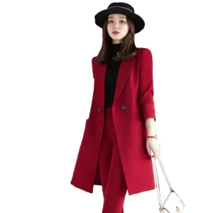 2022 Winter High-end Women's Business Suit Pants Two-piece Set Temperament Slim Solid Color Lady Double Breasted Trench Coat