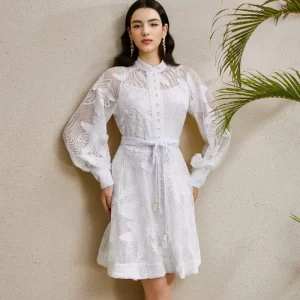 Elegant Single Breasted Mini dress With Belt Women 2025 New Spring Luxury Lantern Long Sleeve Embroidery Dresses White Vestidos
