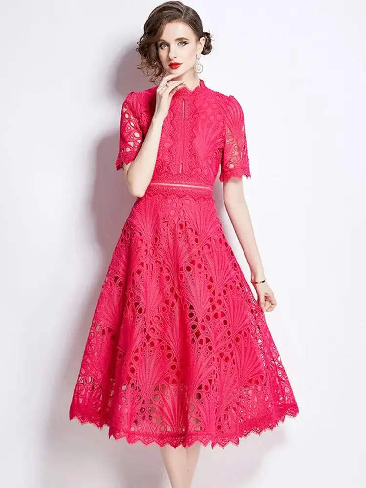 Elegant Water Soluble Lace Flower Embroidery Hollow Out Midi Dress Women's Stand Short Sleeve Solid Color Casual Office Vestido - Image 3