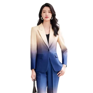 HIGH STREET Newest Fashion 2024 Designer Suit Set Women's Gradient Color Printed Single Button Blazer Flare Pants Suit