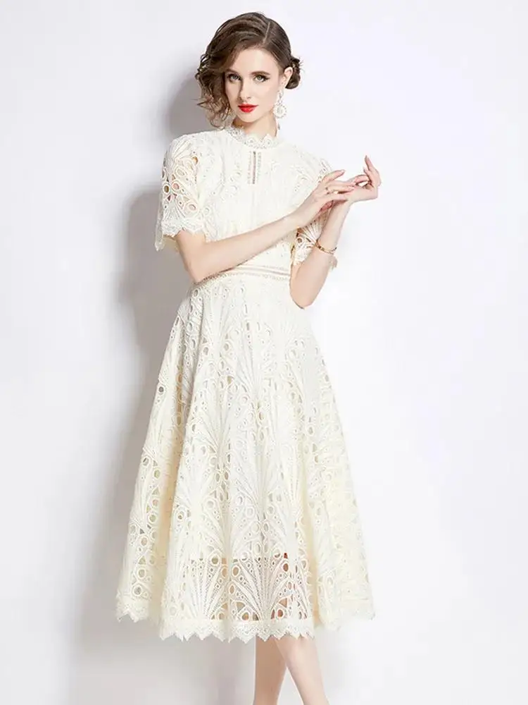 Elegant Water Soluble Lace Flower Embroidery Hollow Out Midi Dress Women's Stand Short Sleeve Solid Color Casual Office Vestido - Image 6
