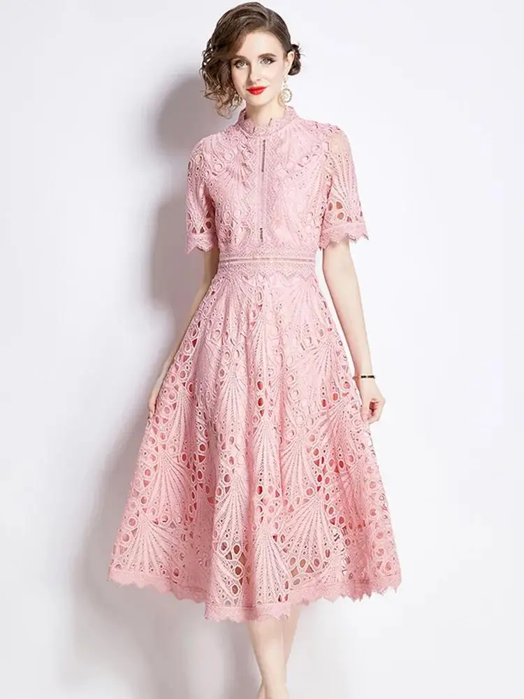 Elegant Water Soluble Lace Flower Embroidery Hollow Out Midi Dress Women's Stand Short Sleeve Solid Color Casual Office Vestido - Image 2